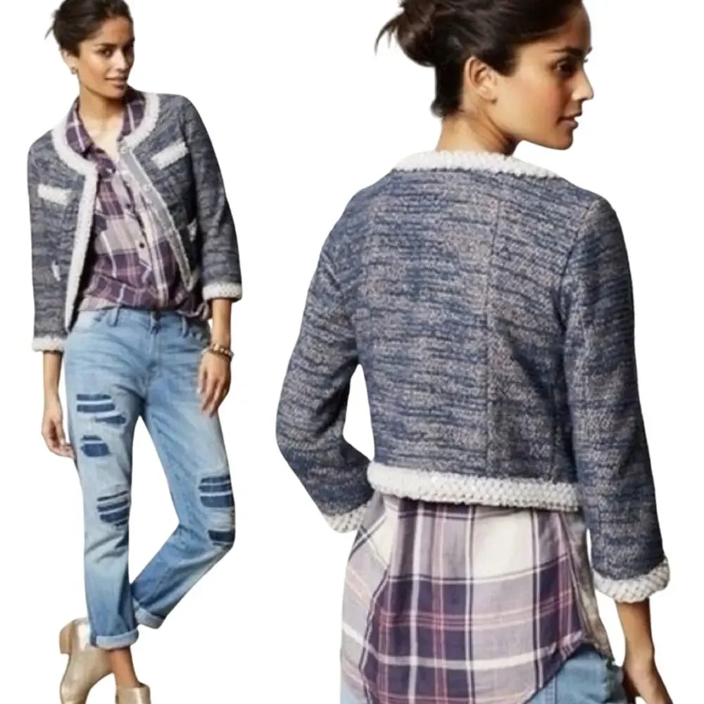 Anthropologie Isani Massey Tweed Blazer Beaded Trim Crop Lady Jacket Blue Small